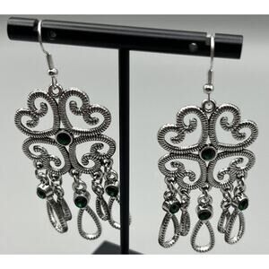 Jewelry Earrings Dangle 2.25" Silver Tone Swirly Hearts Filigree Green Glass